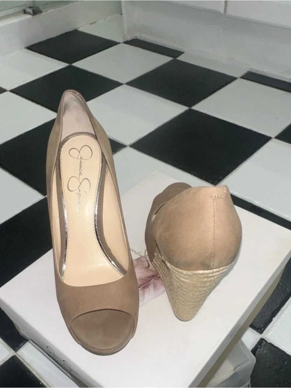 Jessica Simpson Taupe Espadrille Rope-Wedge Peep Toe Pumps